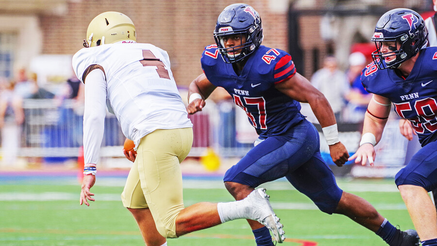 Nick Miller attacks a ball carrier against Lehigh