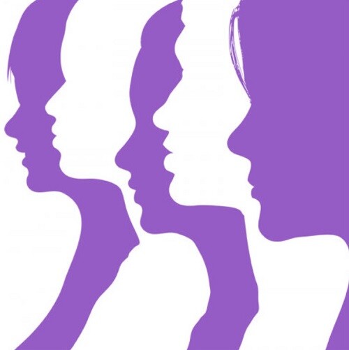four profiles of women in white and purple ink