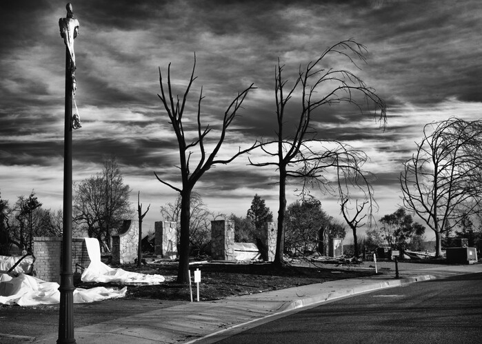remains of a neighborhood after a wildfire