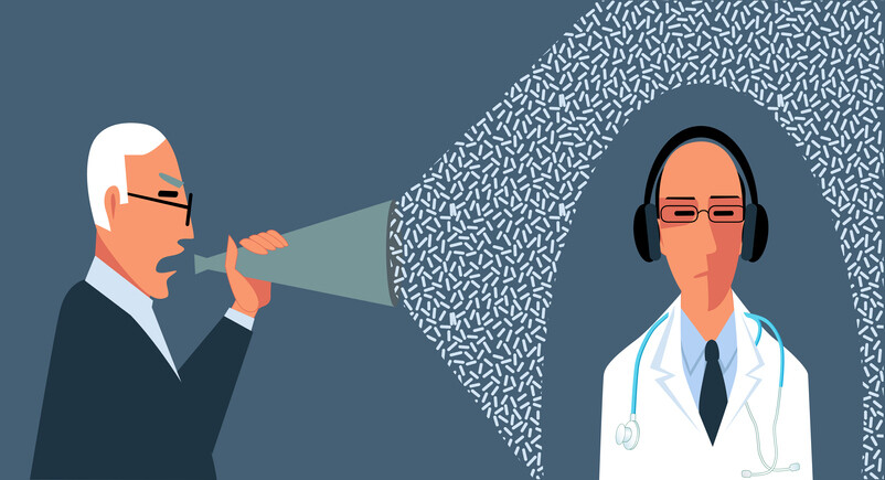 patient shouting through megaphone with concept of words not reaching a doctor, closing their eyes wearing headphones (cartoon)