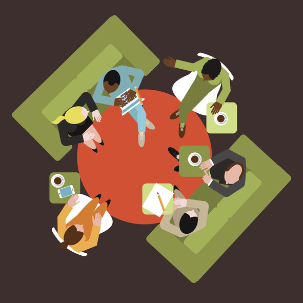 Aerial view in cartoon of coworkers sitting in a circle on chairs and couches