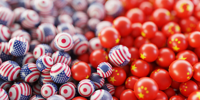 Pile of rubber balls decorated like US and Chinese flags