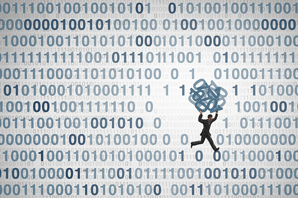 cartoon of person running across a full screen of 0s and 1s with an armful of numbers in the air, indicating stealing online data 
