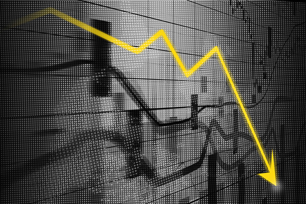 Arrow pointing downward superimposed over a graph of data points.
