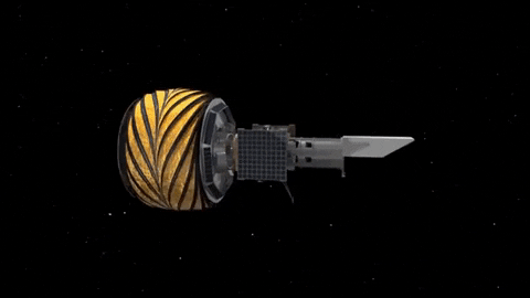 a massive sunflower-shaped fan coming out of a space ship and opening up in space