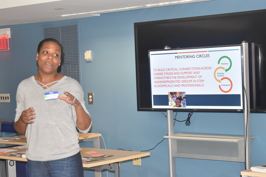 Person with name tag speaks in front of a monitor that says "Mentoring Circles" 