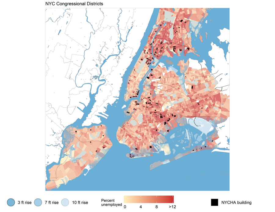 A colored map of New York City. 