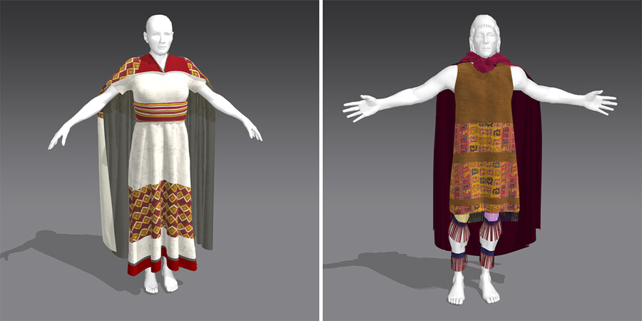 Two  mannequins wearing historic inca capes, showcasing their intricate textile work