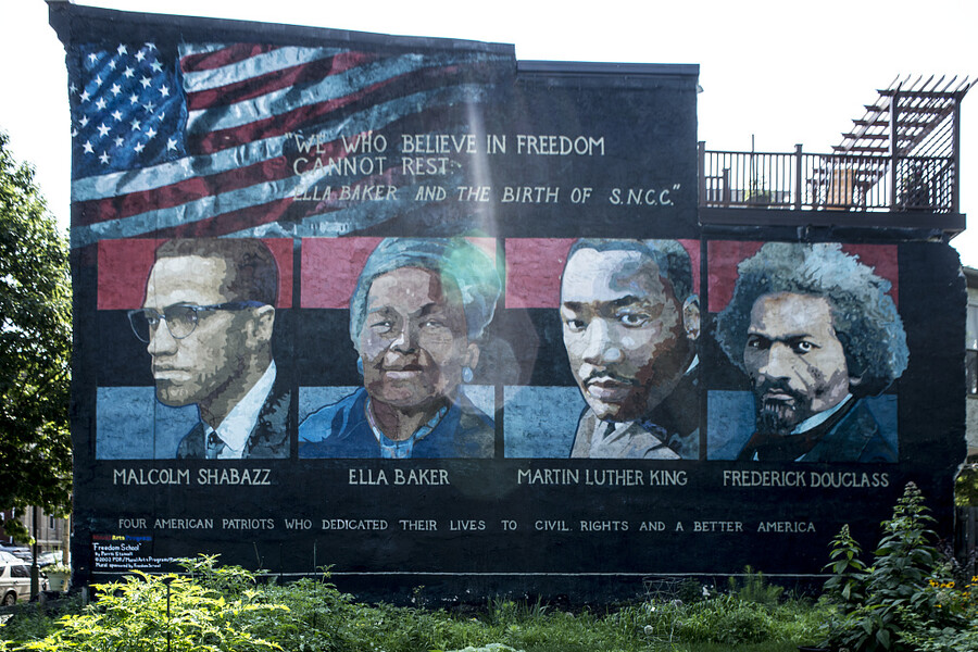Parris Stancell’s “Freedom School” mural near 32nd Street and Girard Avenue showing Malcolm Shabazz (aka Malcolm X), Ella Baker, Martin Luther King, Jr., and Frederick Douglass.