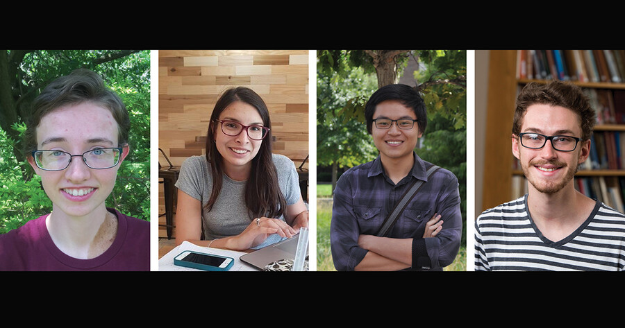 Four portraits of people, from left to right: Abigail Timmel, Mona Merling, George Wang, and Thomas Brazelton.