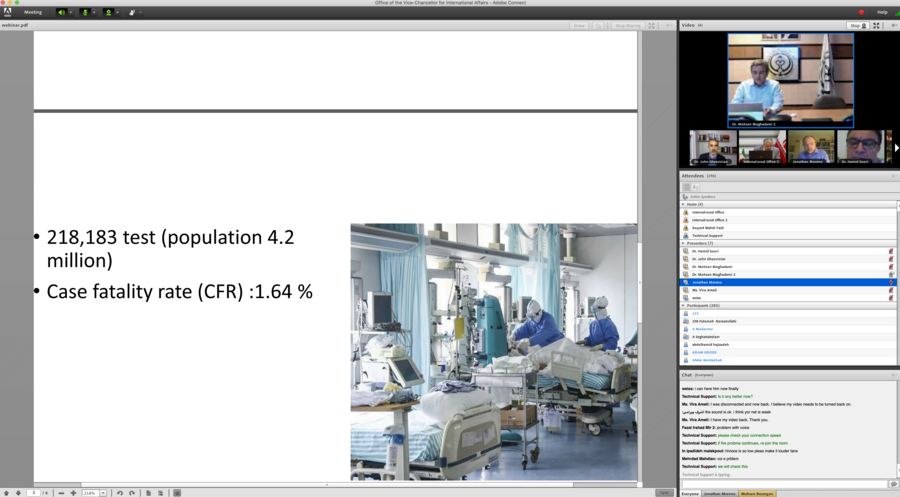Screenshot from a virtual meeting showing the fatality rate of COVID-19 in Iran, with an image of the speaker in the right hand corner above a list of names of participants.
