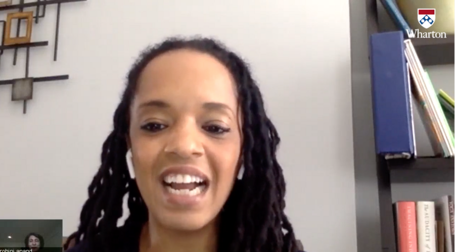 Screen shot of Stephanie Creary videochatting with Rohini Anand.