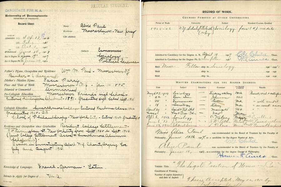 Handwritten transcripts for Alice Paul from the turn of the century