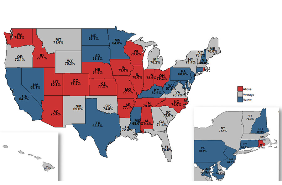 Map of the US., states in red have above average opioid prescription rates states in blue are below, states in grey are average