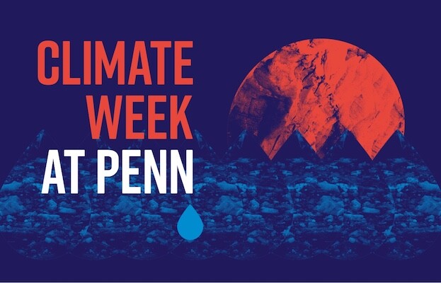 Abstract image of red earth and blue water with words Climate Week at Penn