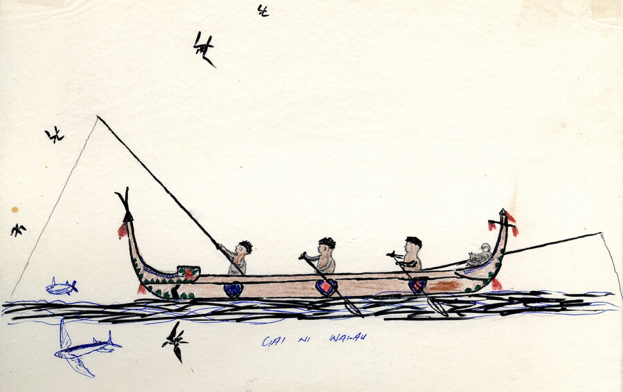 Three men in an outrigger canoe on a fishing trip 