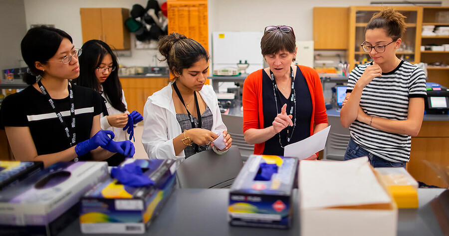 Jennifer Punt and four students stand discussing something, two students put on latex gloves.