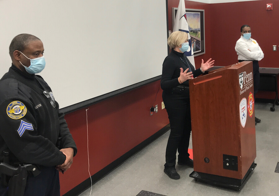 Division of Public Safety meeting with officers wearing face coverings