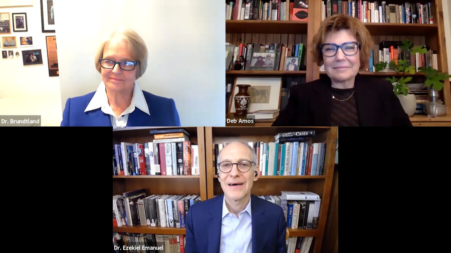 a zoom screenshot from top left clockwise gro harlem brundtland, deb amos, and ezekiel emanuel