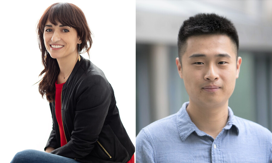 Close-up headshots of two people. The person on the left wears a black jacket and red shirt and sits facing the camera. The person on the right wears a blue button-down shirt.