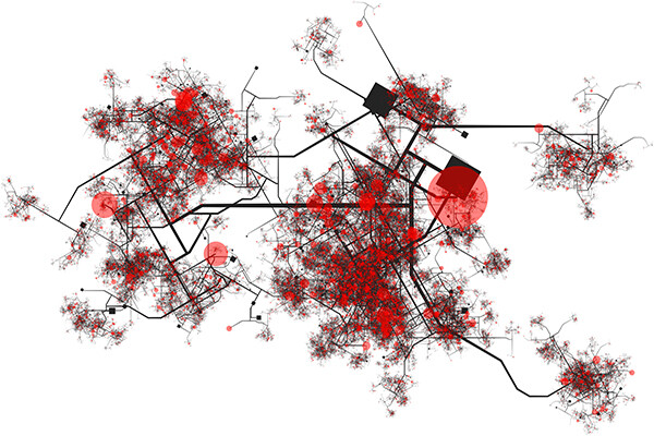 Heat map contact tracing a city where an infected person have spread COVID-19.