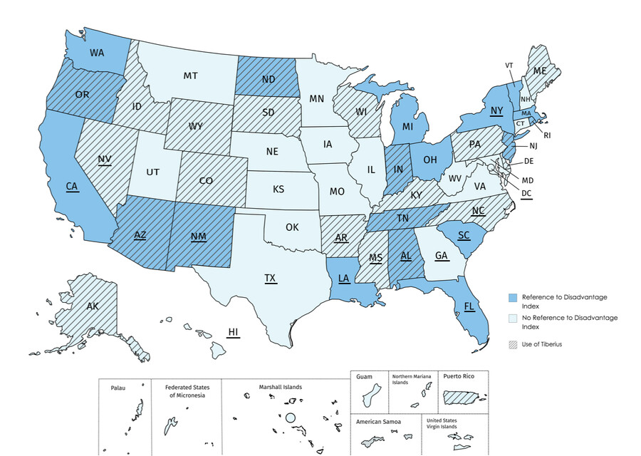 Map of U.S. with shading of each state representing Reference to Disadvantage Index vs. No Reference.