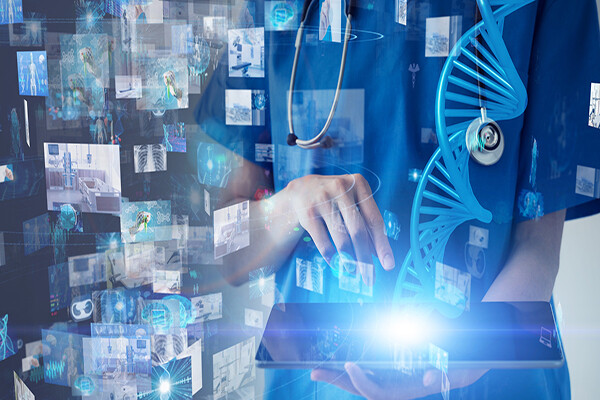 Medical professional holding an iPad with medical visuals like DNA strings and snapshots of medical imagery floating in background.