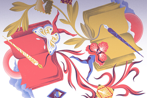 Abstract painting of books, writing utensils, flowers, and decorative brush strokes.