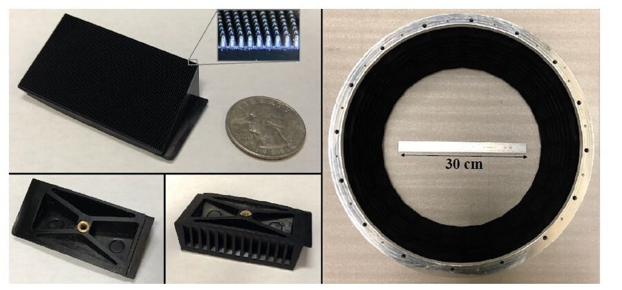 a close up view of a black material next to a coin for scale and the same material arranged in a ring with a scale showing 30 cm