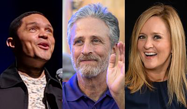 Headshots from left to right: Trevor Noah, John Stewart, and Samantha Bee