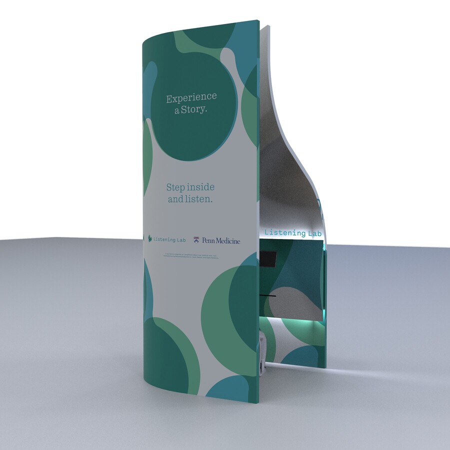 a rendering of a booth for the penn medicine listening lab, with a circle towards the top that says experience a story