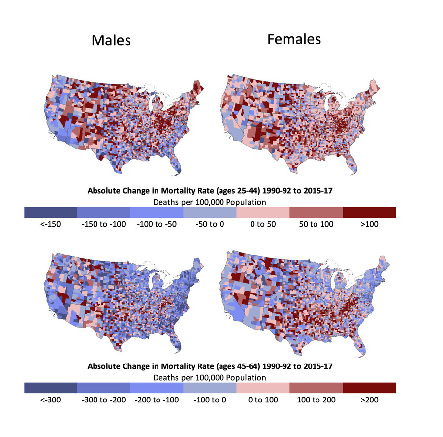 An image with four maps of the U.S. shaded in different colors, with the text "Males" and "Females" up top. Below the first two maps reads "Absolute changes in mortality rate (ages 25-44) 1990-92 to 2015-17" and underneath that, "Deaths per 100,000 population." Below the bottom two maps reads, "Absolute changes in mortality rate (ages 45-64) 1990-92 to 2015-17"  and underneath that, "Deaths per 100,000 population."