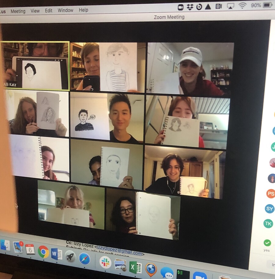 Zoom screen with several students holding up drawings