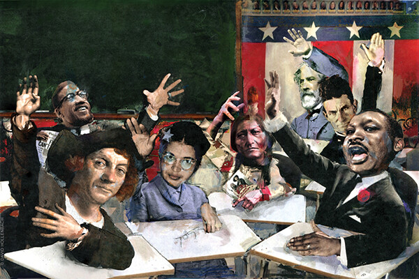 Caricature drawing of historical figures including Rosa Parks, MLK, Ben Franklin, an Indigenous person, sitting at classroom desks raising their hands. 