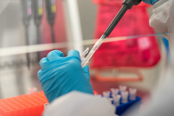 Gloved hand putting substance into a test tube with a pipette in a lab setting.