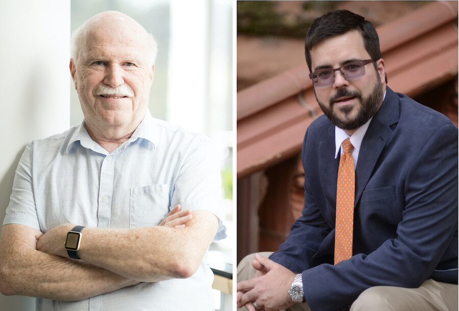 Close-up images of two people, on standing with arms crossed, wearing a blue short-sleeved button down and a watch, the other wearing glasses, an orange tie, and a blue blazer sitting on a stoop.