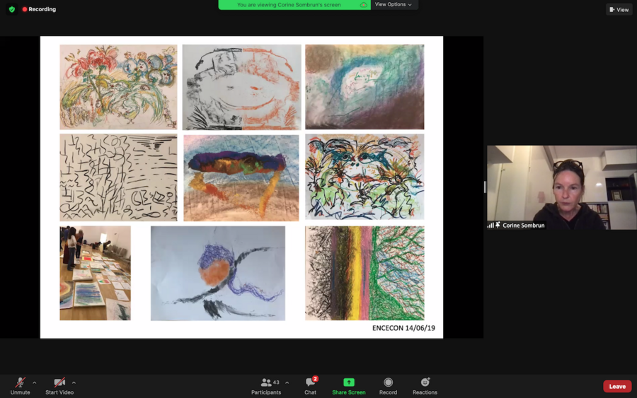 A zoom call features a collage of nine pieces of art created by people in a trance state, with an video image of the speaker on the right side of the screen