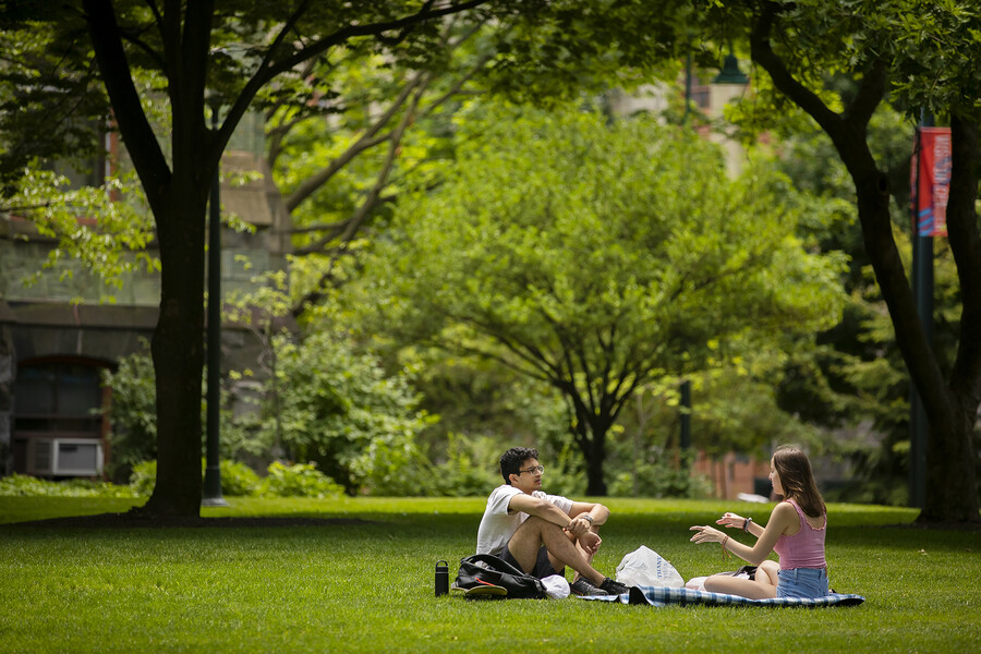 two people sitting outside on a blanket talking to each other