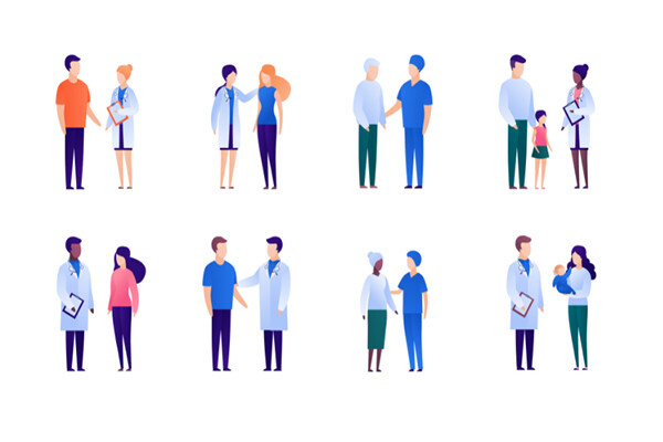 Cartoon of medical professionals standing one-on-one with individuals of various races, ages, family structure.