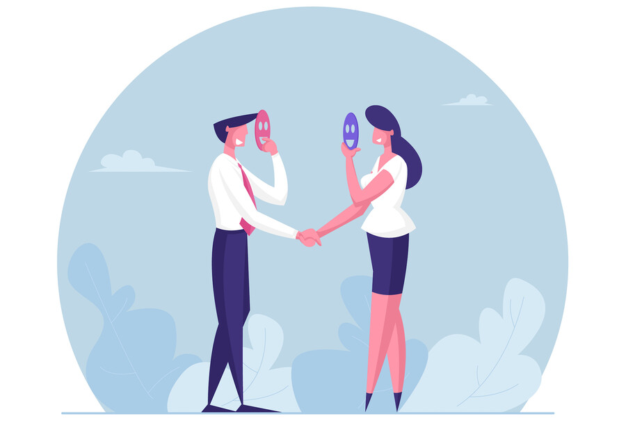 Businesspeople shaking hands holding up masks to their faces