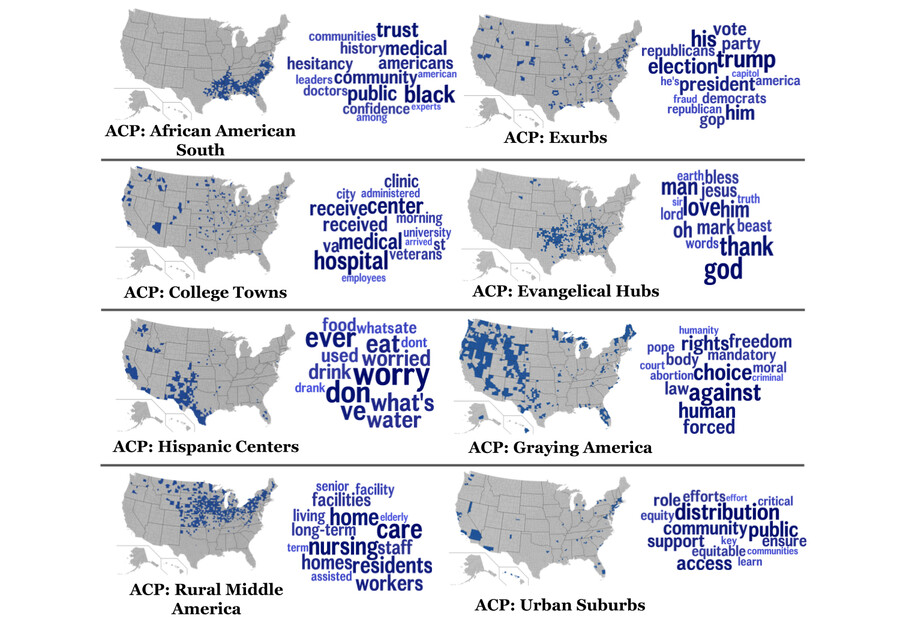 Six maps of the US highlighting Twitter keywords reflected in a word map.