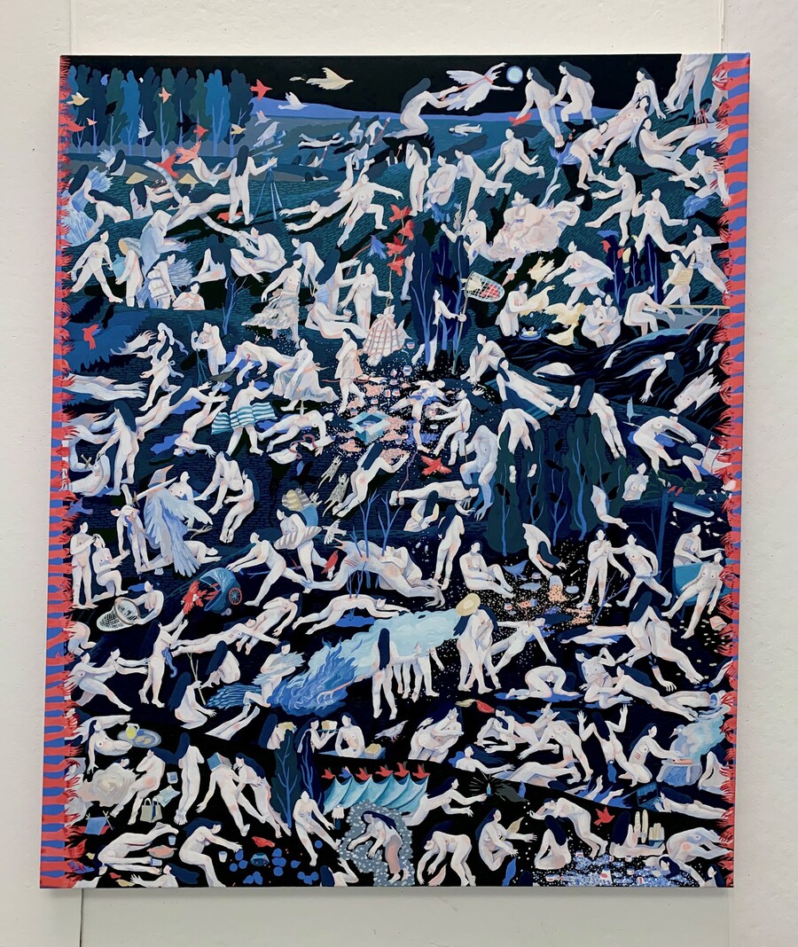 Asian bodies in various positions in mural piece