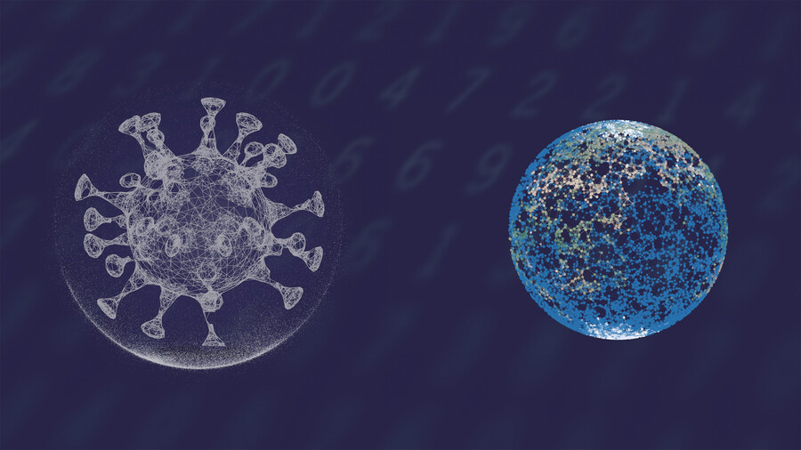 microscopic rendering of a virus cell next to a t cell.
