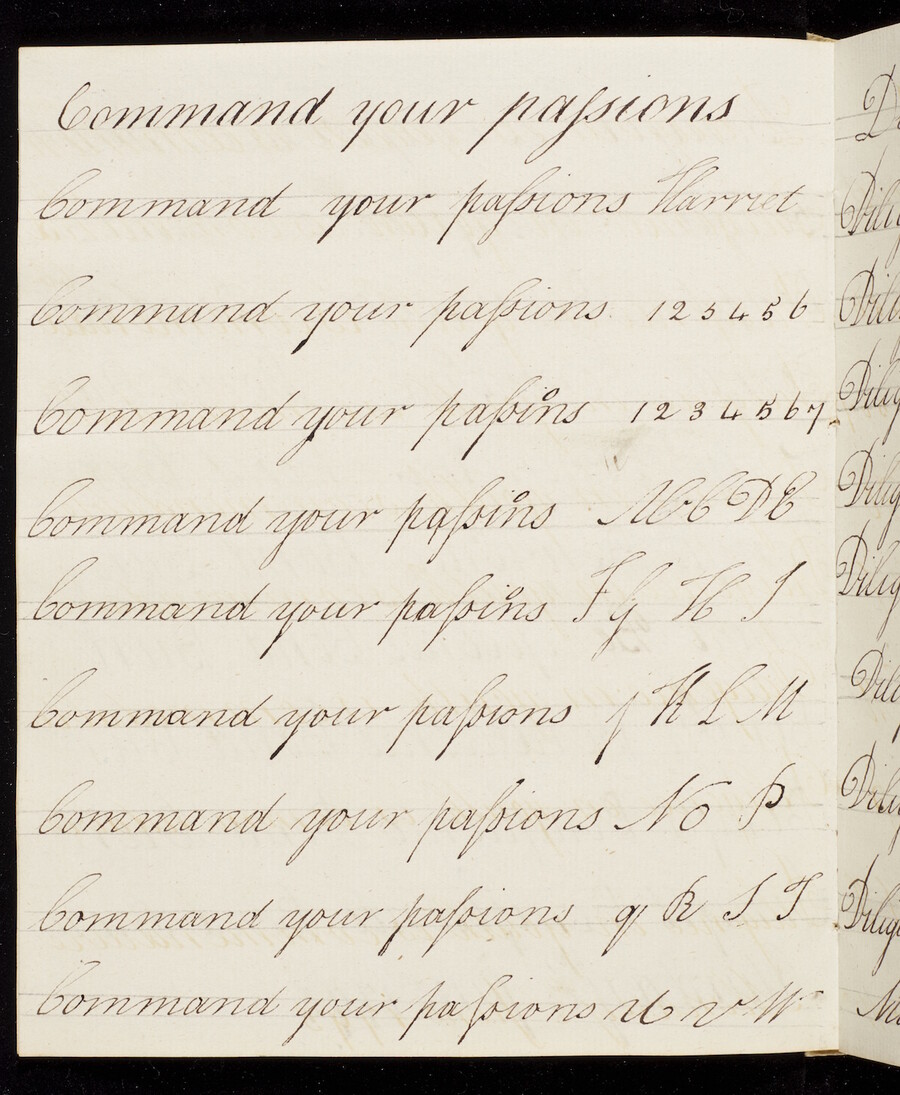 "Command your passions" written in script