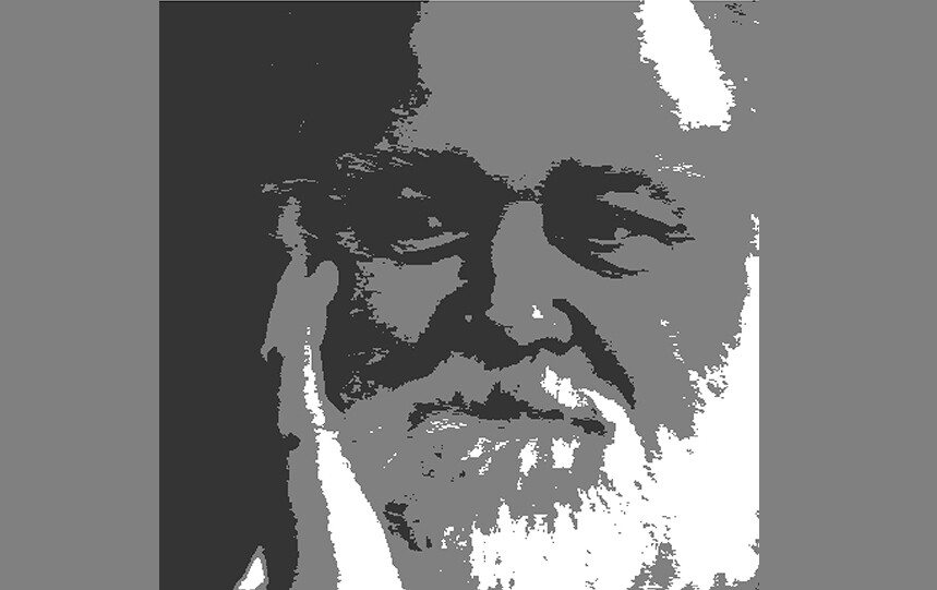 A landscape of Dana Tomlin’s face that appears to be block cut.
