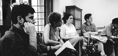 Al Filreis and three seated people in the Kelly Writer’s House from 2001.