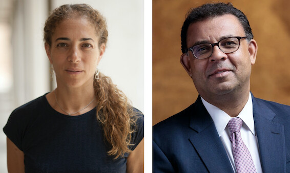 Two headshots, one of a person with long hair pulled back in a ponytail, wearing a black tee-shirt. The other of a person with short hair, glasses and wearing a suit.