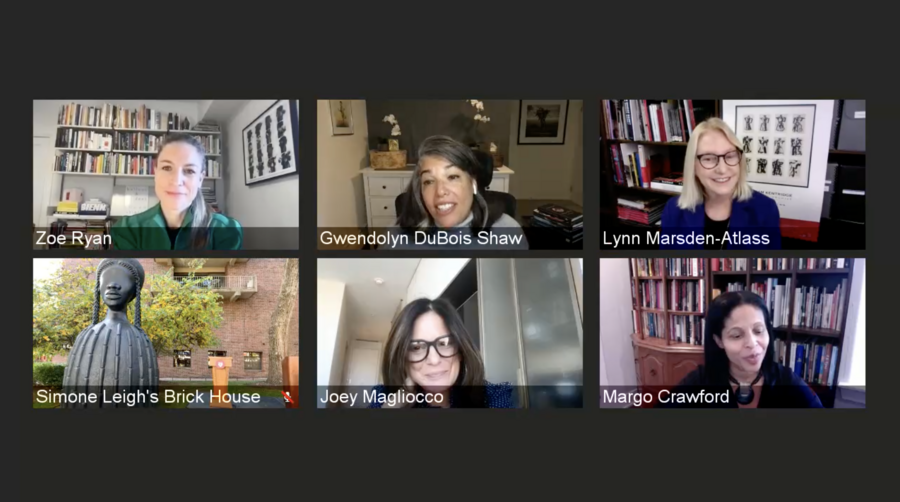 BlueJeans screen featuring Zoe Ryan, Gwendolyn DuBois Shaw, Lynn Marsden-Atlass, the Brick House live stream, Joey Magliocco, and Margo Crawford