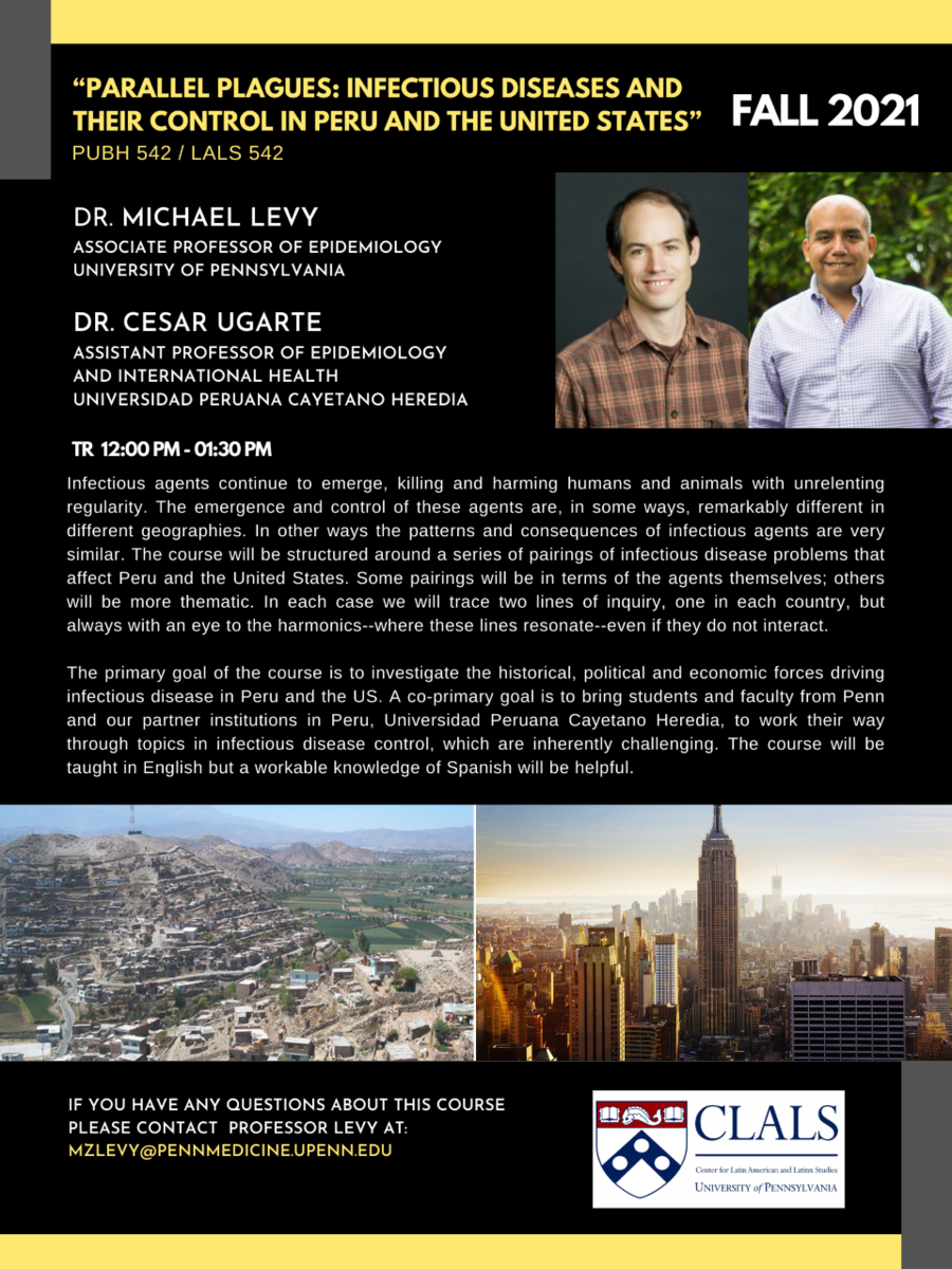 Flyer advertising Parallel Plagues course with photos of instructors, contrasting images from Peru and the United States, and a course description.