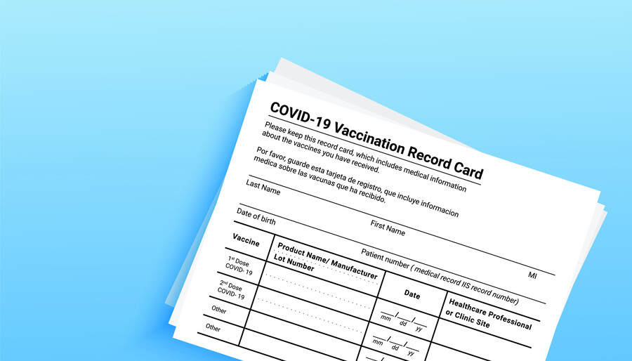 A COVID-19 Vaccination Record Card, which reads, "Please keep this record card, which includes medical information about the vaccines you have received. Por favor, guarde esta tarjeta de registro, que incluye informacion medica sobre las vacunas que ha recibo. Last Name, First Name, MI, Date of birth, Patient number (medical record IIS record number). Vaccine, Product Name/Manufacturer, Lot Number, Date, Healthcare Professional or Clinic Site,” as well as 1st dose, 2nd dose, and other. 